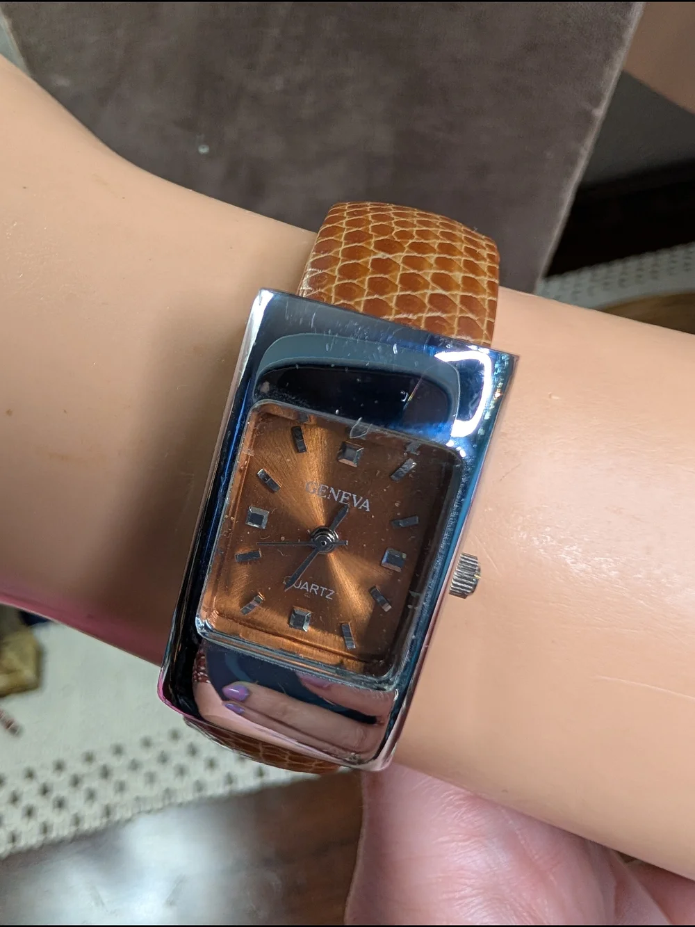 Geneva Silver-Tone Watch Orange Dial and Brown Leather Hinged Cuff Strap
